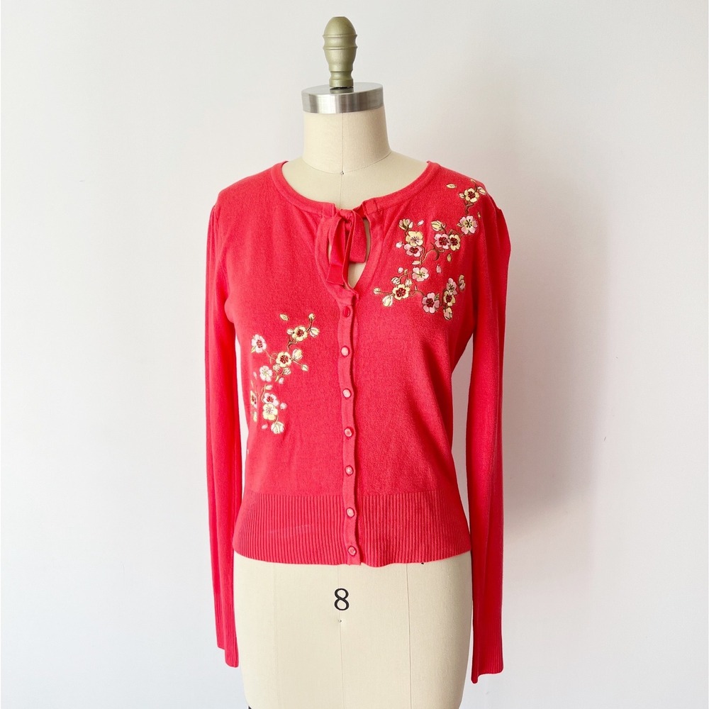 Modcloth Banned Cardigan Red Floral Cherry Blossom Embroidered Tie Neck Retro M